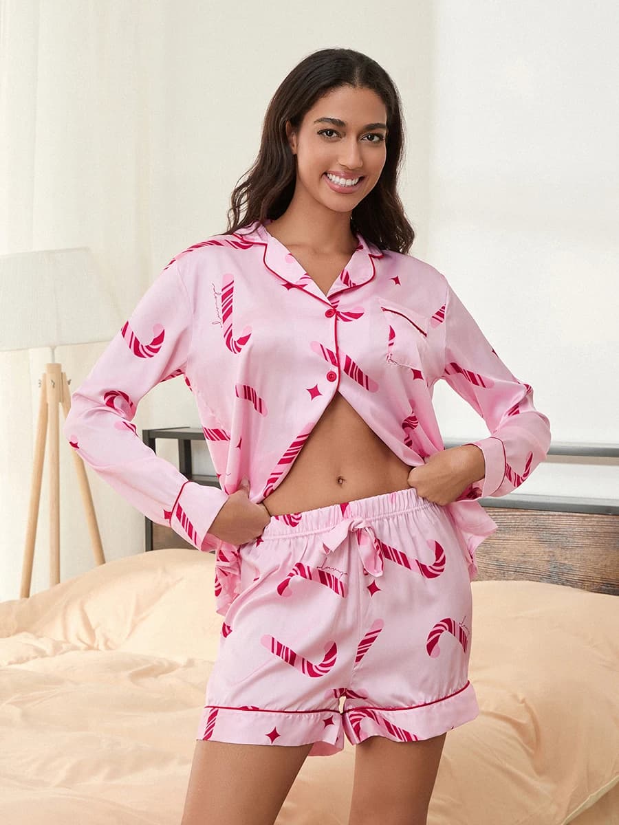 Women s Christmas Pajama Set Reindeer Print Long Sleeve Button Down Shirt with Elastic Waist Shorts Sleepwear Holiday Outfit