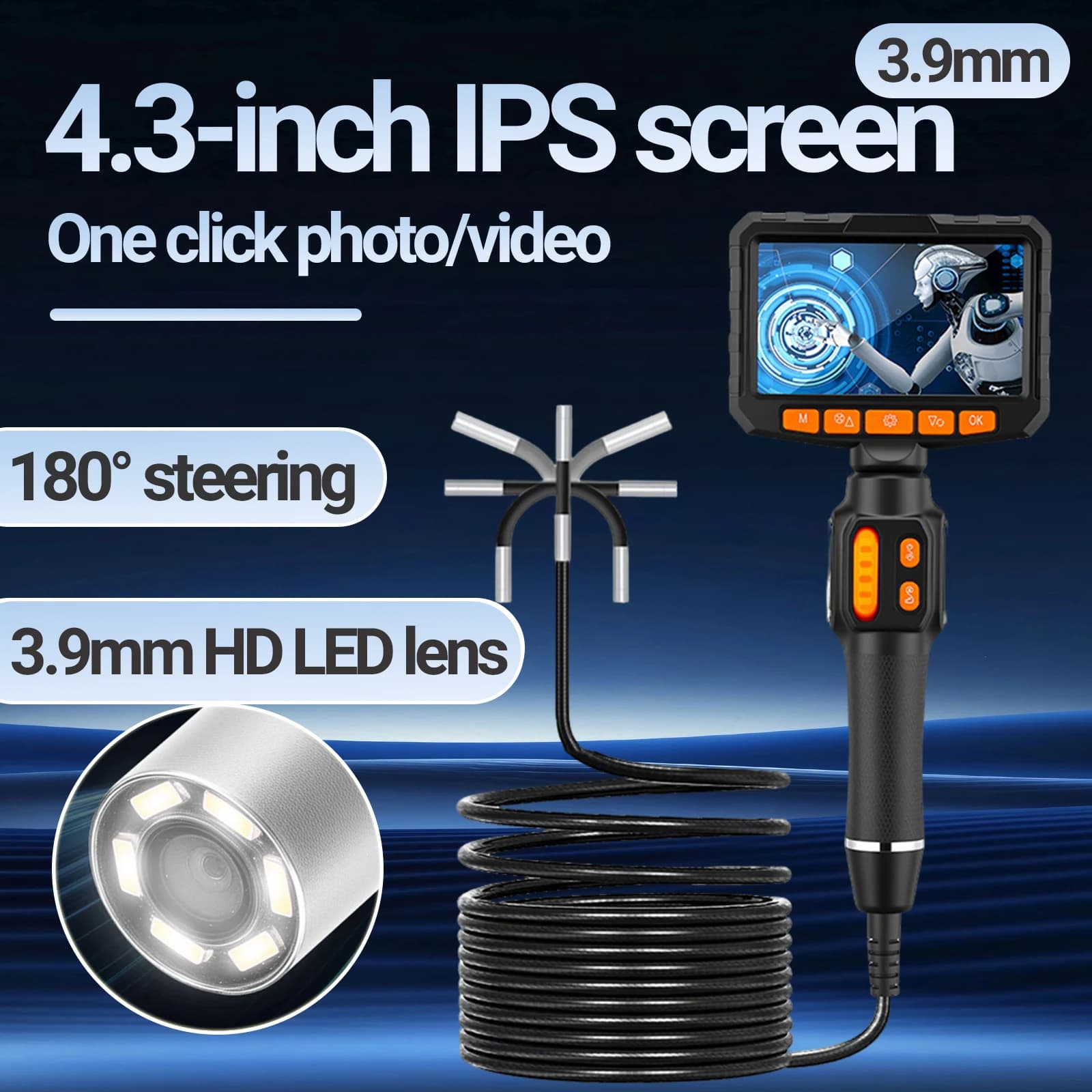 6.4MM & 3.9MM Articulating Borescope With 4.3 inch IPS Screen Two-Way Borescope Camera HD1080P Endoscope Automotive Scope