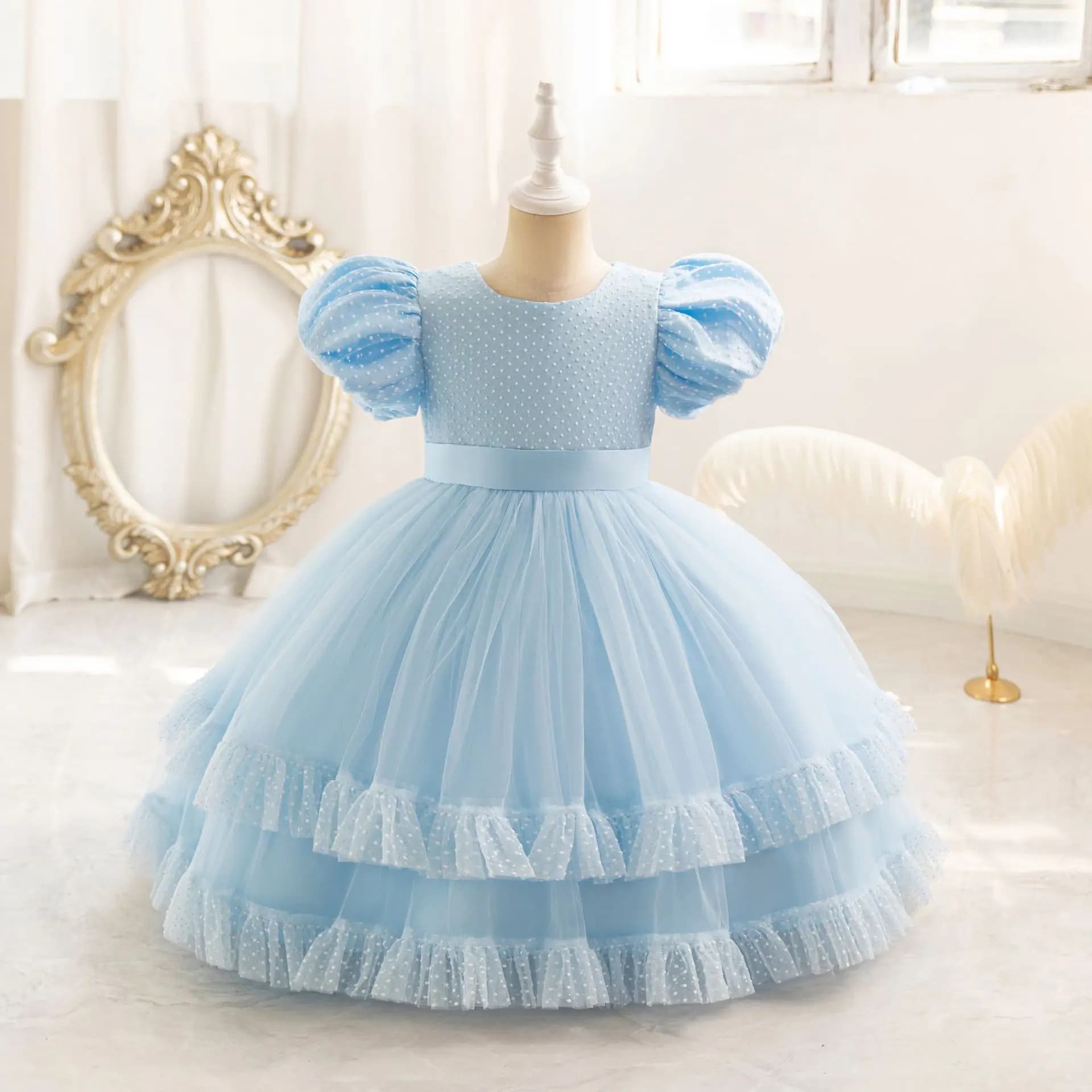 HETISO Hairball Dots Girl Dresses Elegant Christmas Kid's Party Dress Puff Sleeve Children Princess Layered Gown 2 to 8 10 Years