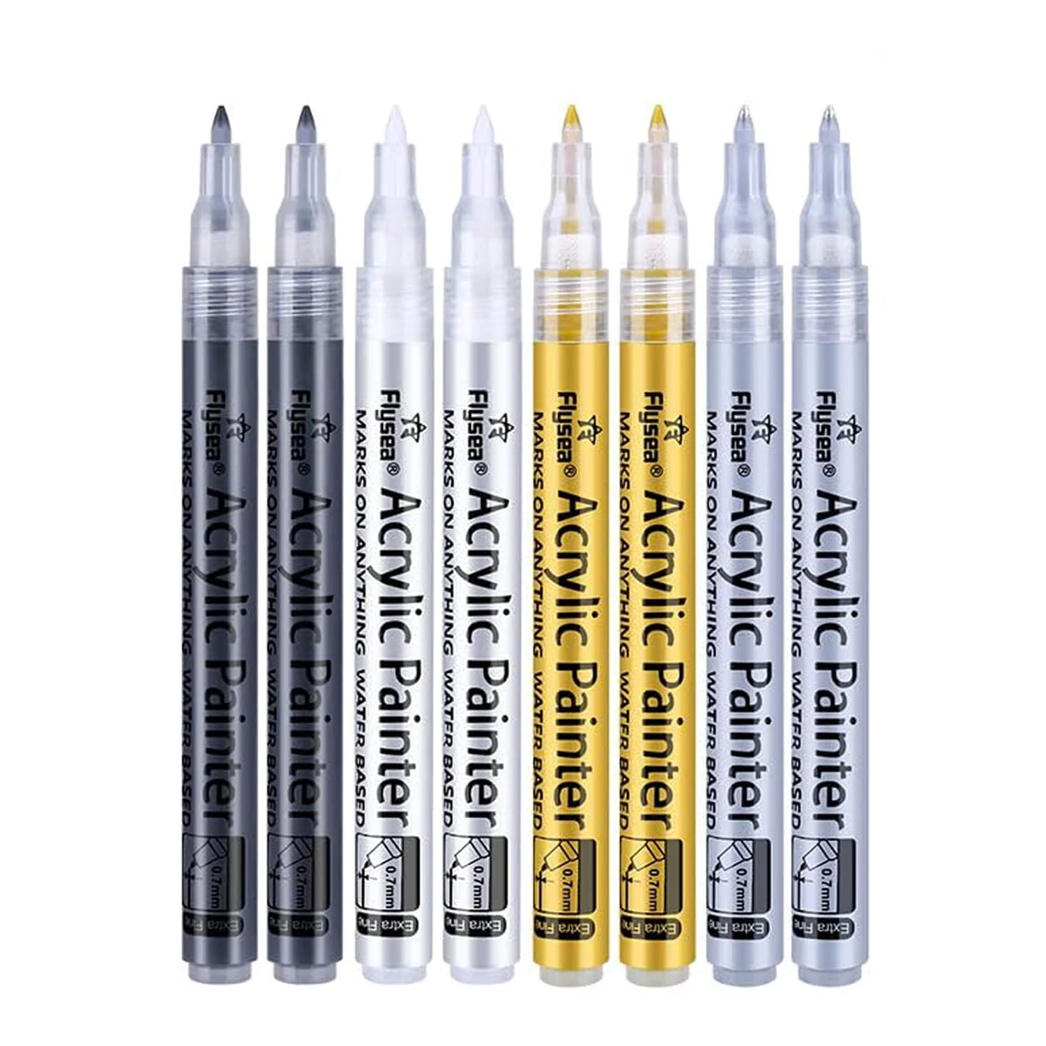 8 Pack in 4 Colors (Black/White/Gold/Silver) Acrylic Paint  Markers, Extra Fine for Ceramic, Wood, Metal, Paper, Drawing, DIY