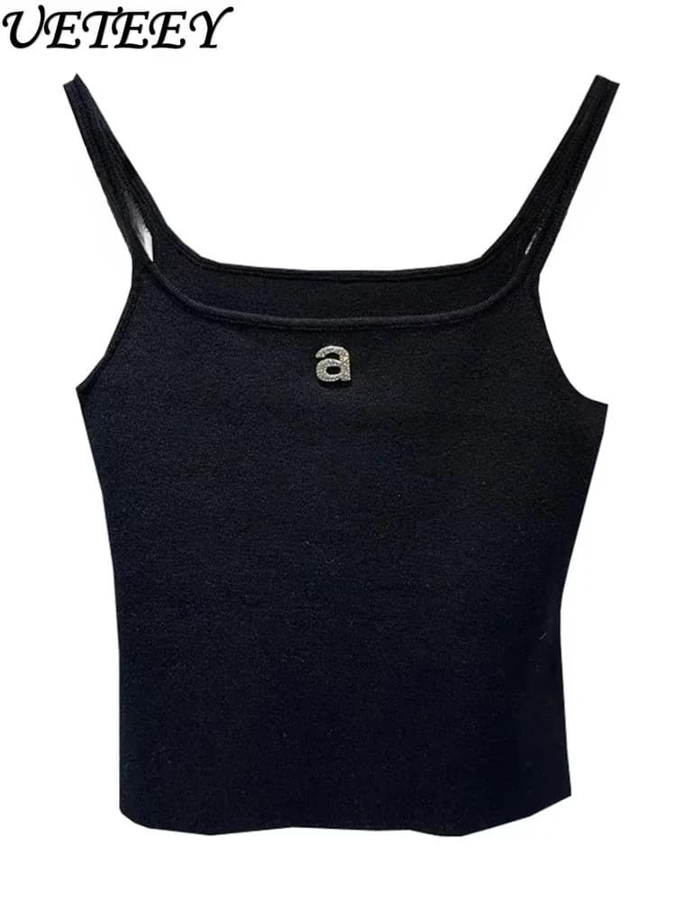 Design Sense Niche Black Beaded Letter-Printing Sleeveless Camisole Women's Summer Crop Tops Hot Girl Outer Wear Short Base Vest