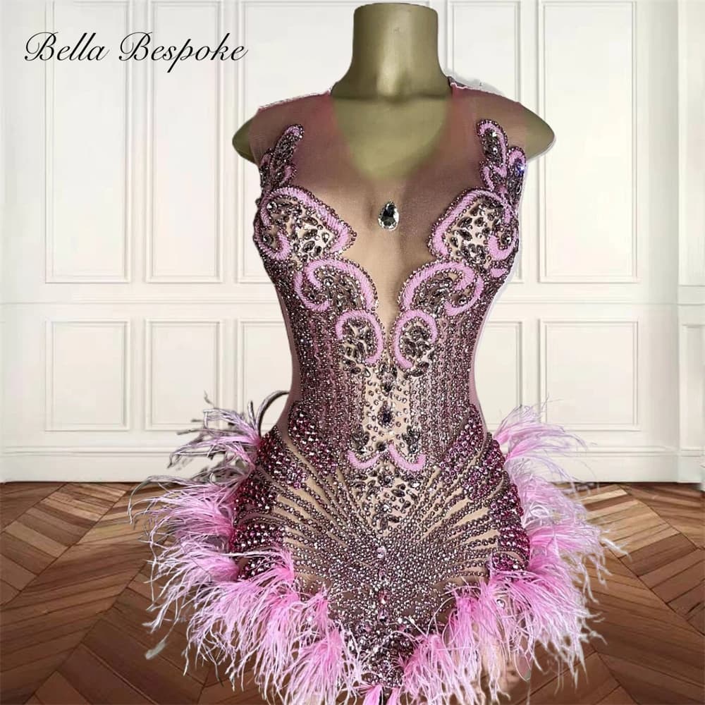 Pink O N Short Prom Dresses For Black Girl Bead Crystal 2024 Birthday Luxury Dress Feather Graduation Gown Homecoming Customized