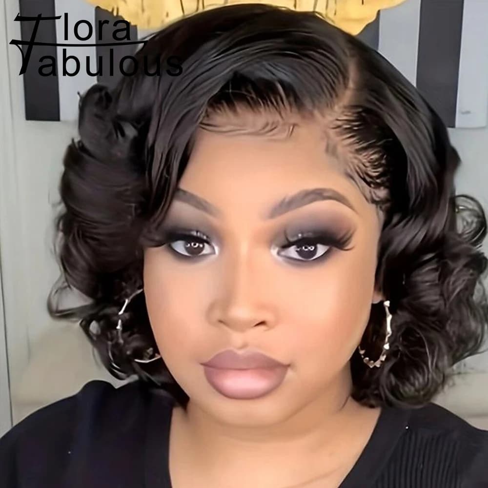 Short Big Curly Wigs for Black Women 5X1 Side Part Lace Bouncy Curl Human Hair Wig 180% Density Short Loose Wave Wigs With Bangs