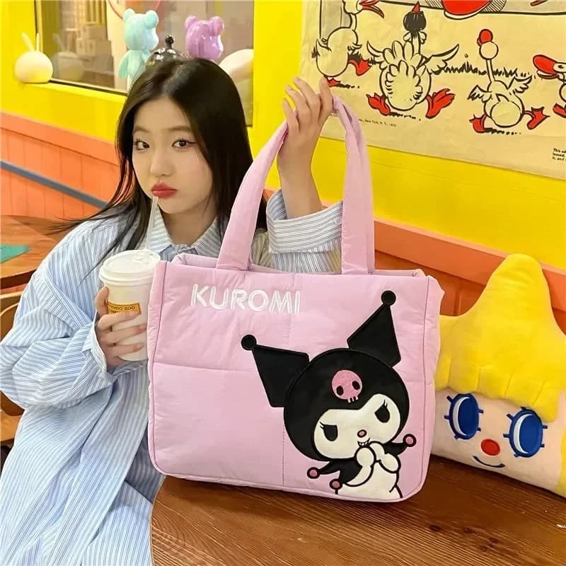 MINISO Disney Sanrio Handbag Cartoon Cute Down Fabric Kuromi Tote Bag Shoulder Cute Stationery Bag Large Capacity Handbag 2024