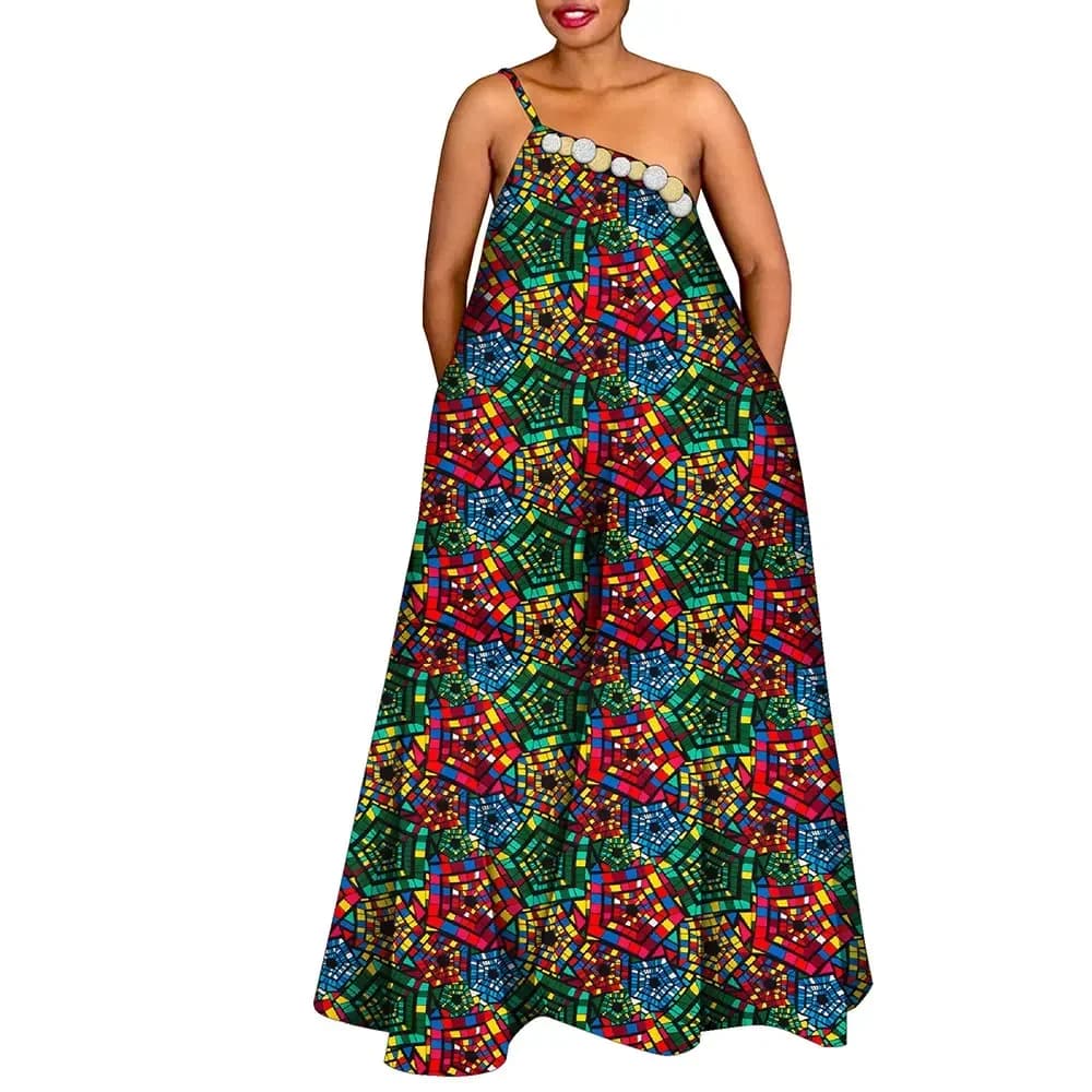 African Print Causal Long Dresses for Women Cotton One Shoulder Sleeveless Dresses Fashion African Lady Clothing Wy10673