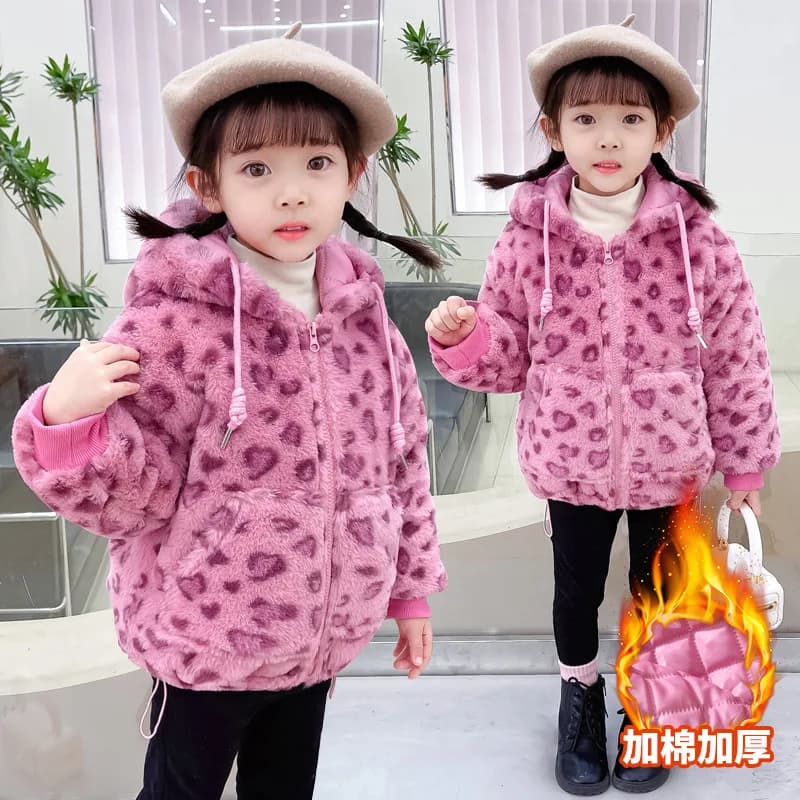 Girls' pink leopard fur coat with cotton thickened baby winter children's Korean version of cotton hooded fur coat