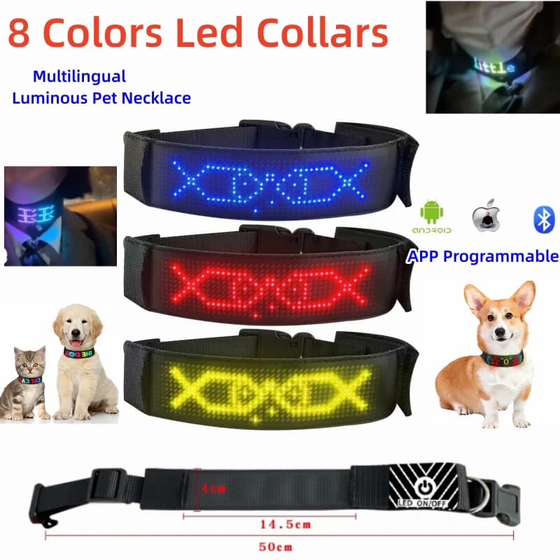 Multicolor Pet LED Dog Collars Programmable Multilingual Scrolling Customized Text Animations Rechargeable Glowing Pet Necklace