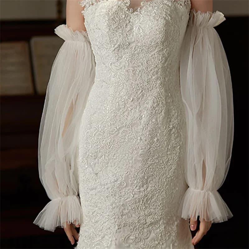 1Pair Removable Sleeve Bride Wedding Gloves Detachable Tulle Elastic Cuff Lantern Gloves Bridal Party Wedding Dress Accessories