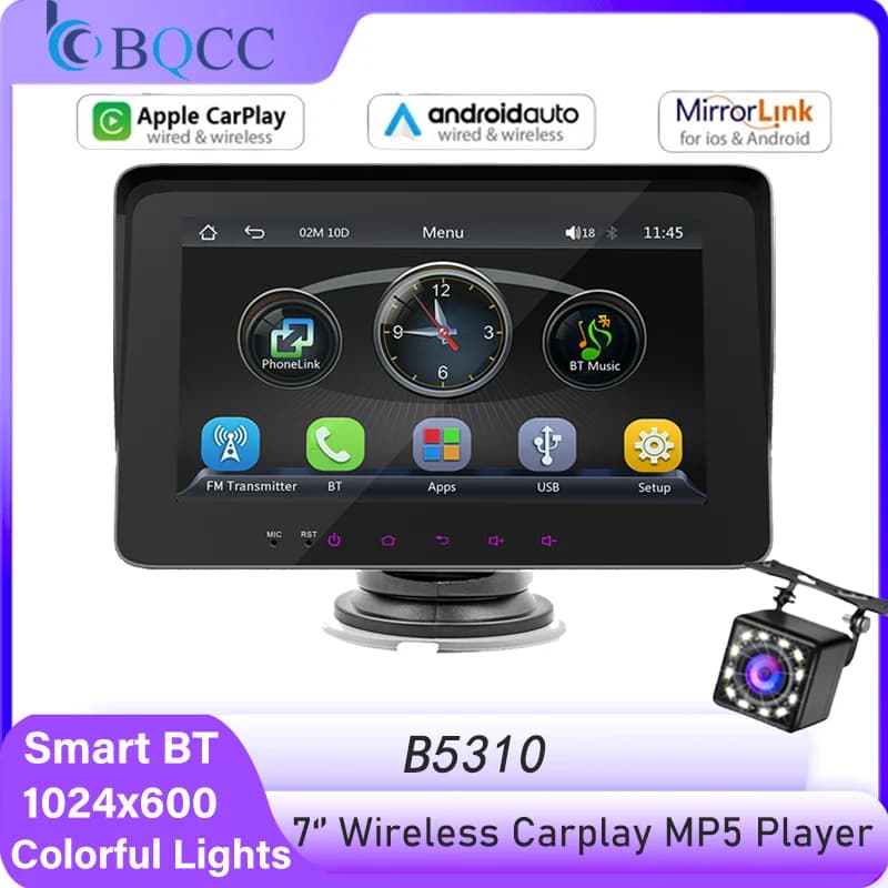 BQCC 7" For Universal Car Radio Wireless Carplay Android Auto Mirrorlink Portable Multimedia Car Player Colorful Button Lights