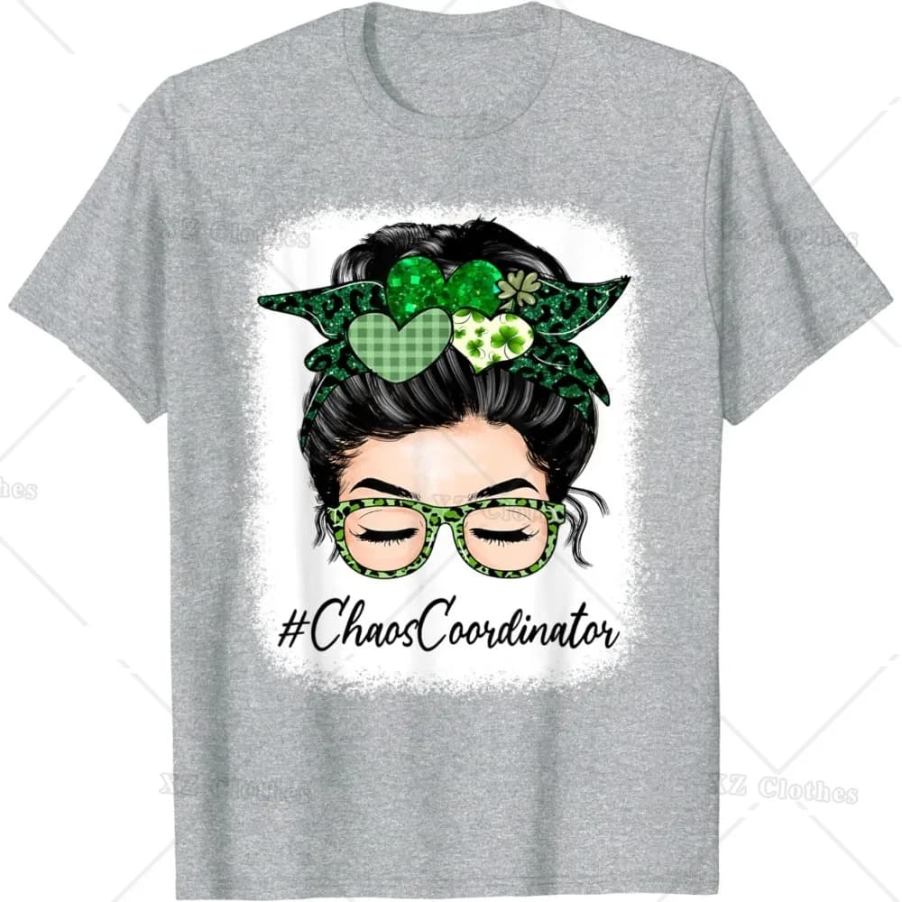 Chaos Coordinator Women Messy Bun St Patrick's Day Shamrock T-Shirt for Women Girls