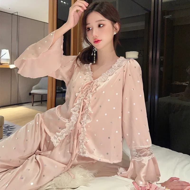 Ruffle Sweet Pajamas Women Spring Autumn 2PCS Pyjama Sets Nighty Home Clothes Silk Lace Sleepwear Long Sleeve Pijama Feminina