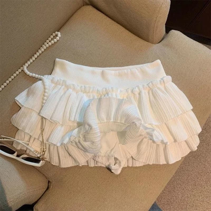Sweet Puffy Cake Women Skirts Korean Fashion Ruched Ruffle Mini Skirt Campus Harajuku Casual Versatile Elastic Waist Solid Skirt