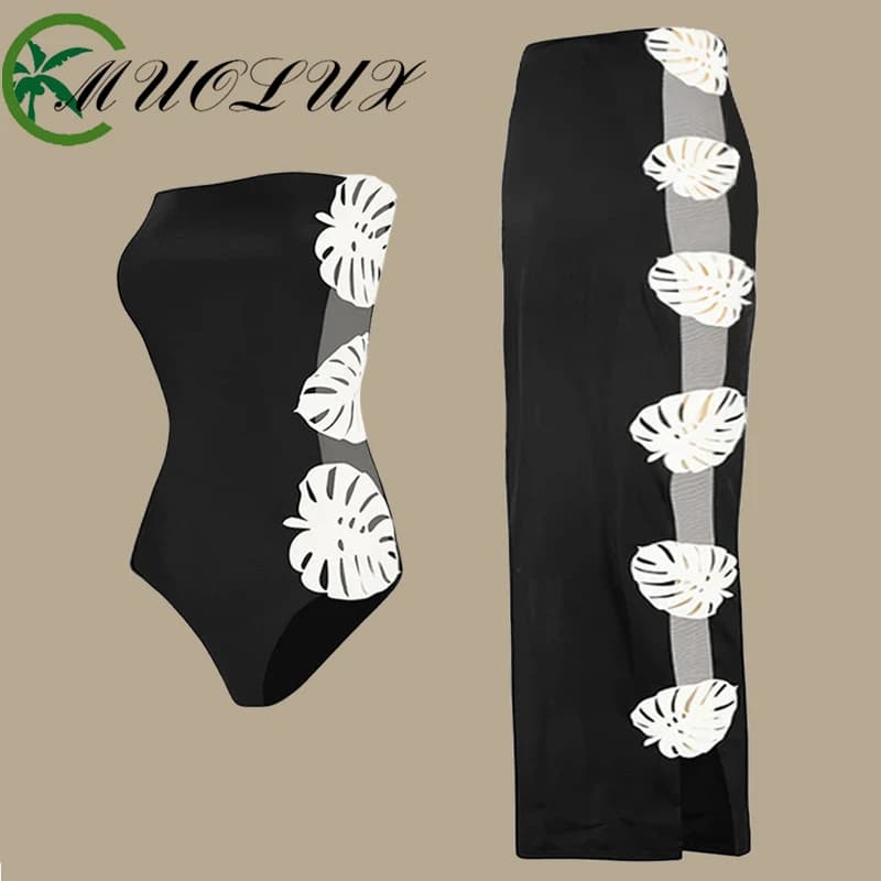 MUOLUX 2024 Summer Women's Bikini Swimsuit New Sexy Black White Strapless Leaf Patchwork Hollow One-piece Swimsuit set
