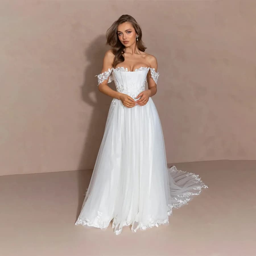 Customized Off-Shoulder Cap Sleeve With Appliques  Weddding Dress A-line Backless And Corset Lace Wedding Gowns