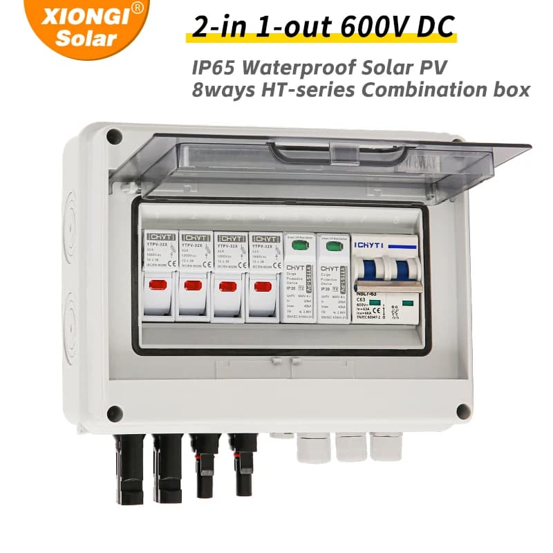 Solar photovoltaic PV Combiner Box With Lightning Protection 2 input 1 out DC 600V Fuse MCB SPD Waterproof Box IP65 Wholesale