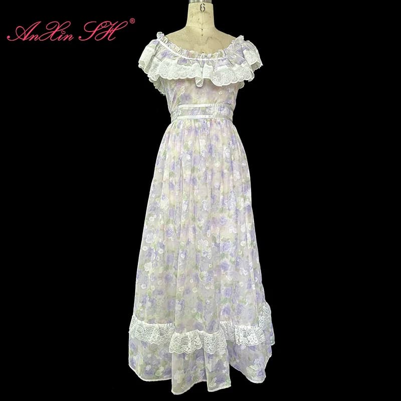 AnXin SH vintage princess violet chiffon French tea break floral o neck ruffle white flower lace zipper customized evening dress