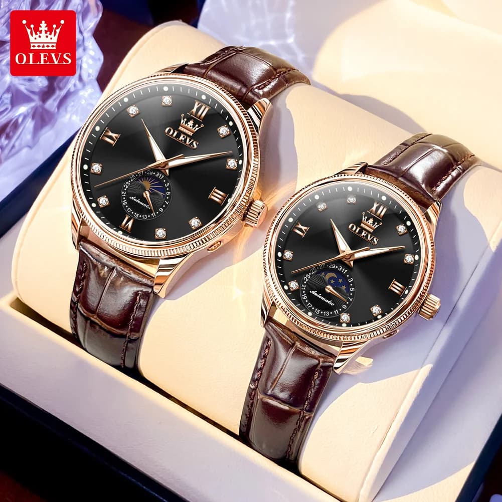 OLEVS Brand Luxury Automatic Mechanical Couple Watch Luxury Business Men Date Waterproof Leather Strap Elegant Women's Watch