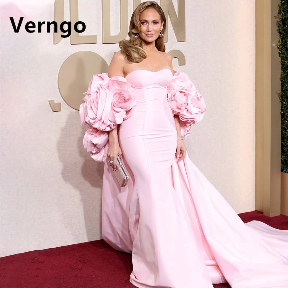 Verngo Couture Pink Evening Dress Strapless Long Flower Prom Gowns Cape Modest Stretchy Sweetheart  Party Dress customized