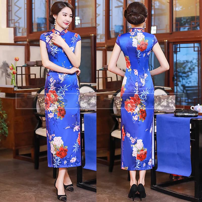 Blue Printed Long Cheongsam Sexy Slim Satin Dress Vintage Mandarin Collar Vestidos Women's Elegant Temperament Qipao 3XL 4XL 5XL