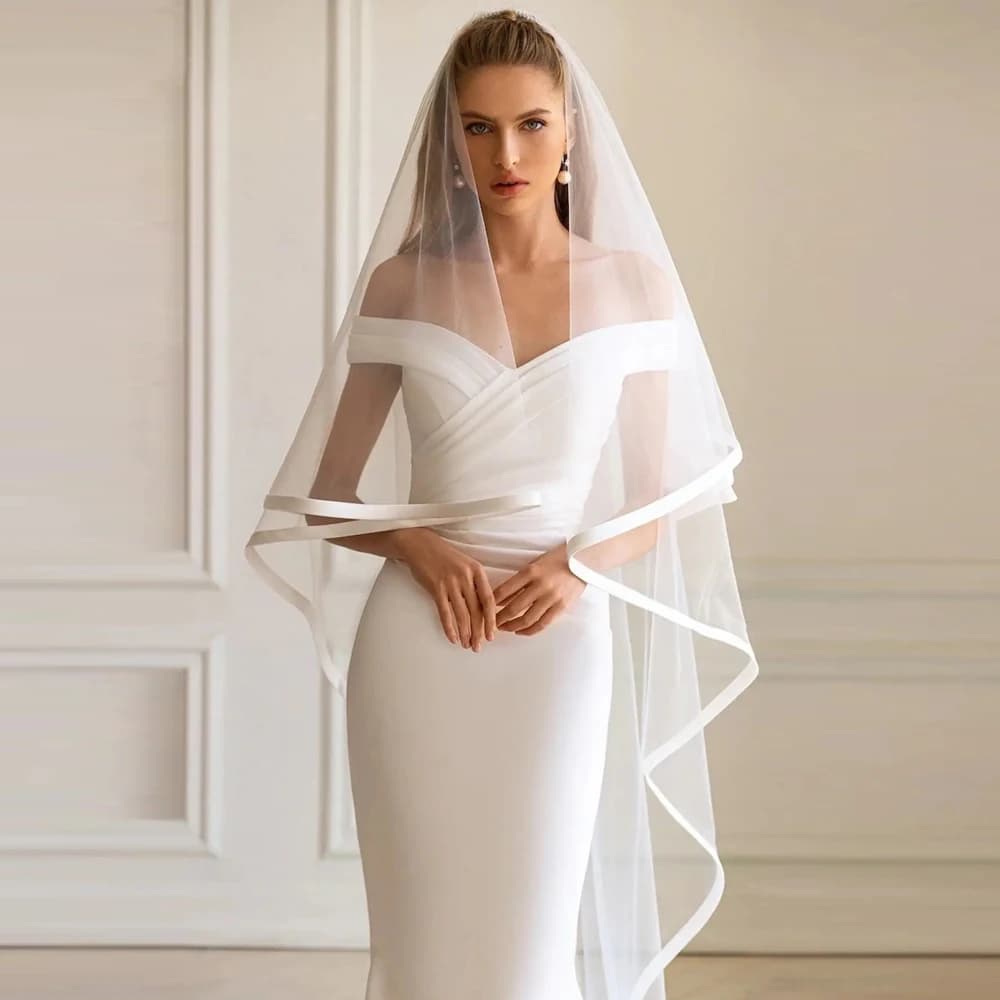 White 2T Wedding Veils Satin Ribbon Edge Long Tulle Bridal Veils Tea Length Mesh veils for Bride with Comb Hair Accessory