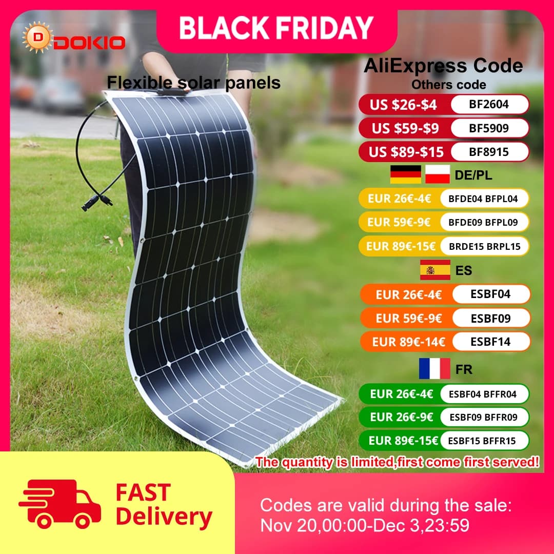 DOKIO 18V 100W/200W/400W Flexible Solar Panels Waterproof Monocrystalline Solar Panel Camping RV Home Charge 12V