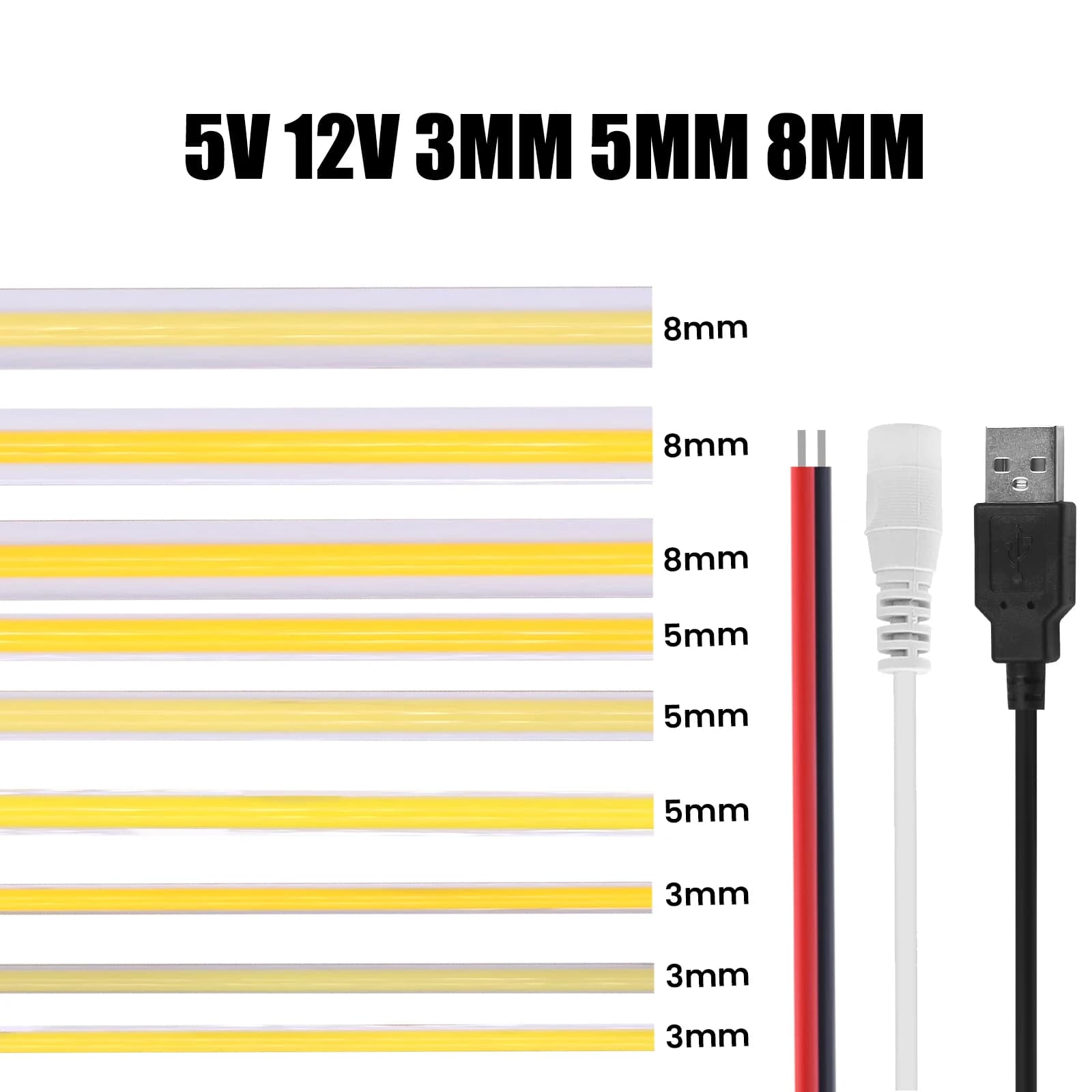 DC5V USB COB LED Strip 3mm 5mm 8mm Width 12V 320LEDs Flexible LED Strip Light with Adhesive High Density Linear Lighting