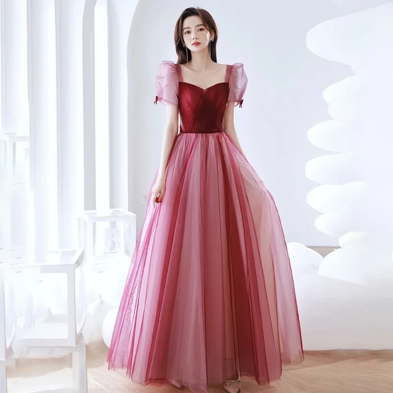 It's Yiiya Evening Dress Burgundy Tulle Pleat Square Collar Short Sleeves A-line Floor-length Plus size Women Party Formal Gowns