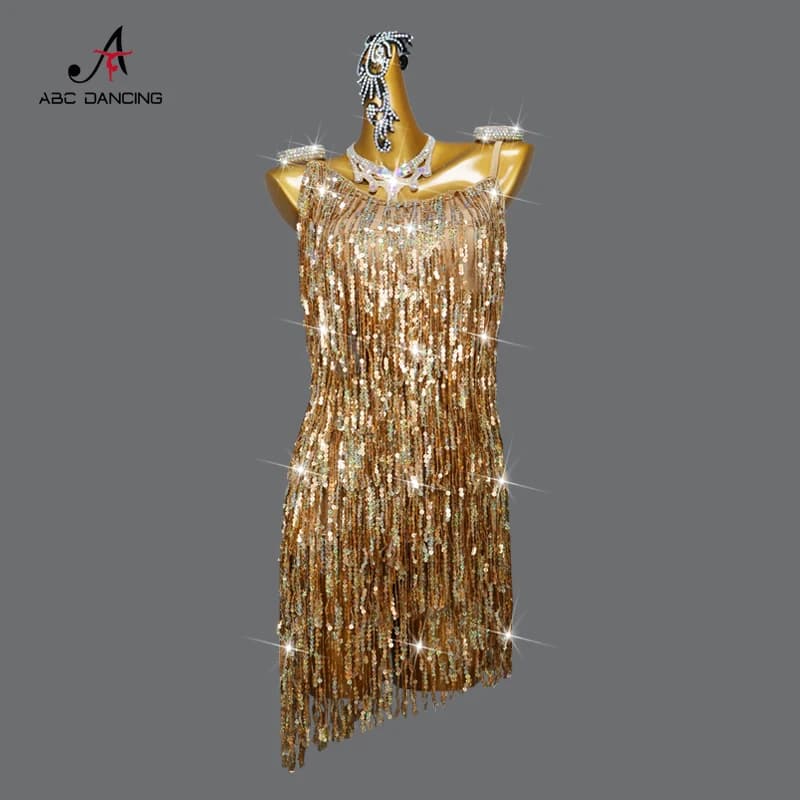 New Womens Latin Dance Fringe Dress Competition Party Costume Wear Kids Practice Clothing Sequin Sexy Girls Line Suit Customized