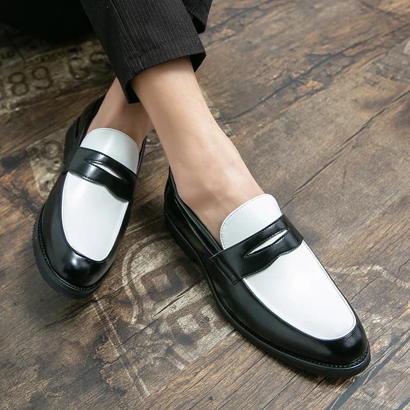 Luxury Brand Black and White Colorblock Loafers Men Slip-On Classic Style Casual Leather Shoes Thick Sole High Quality Moccasin