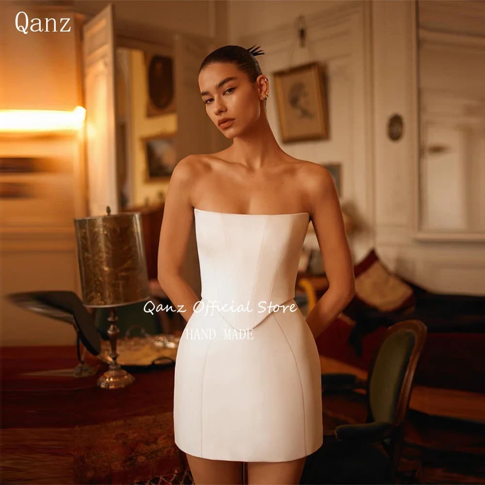 Qanz Modest Satin Short Prom Dresses Strapless Mini Women Wedding Party Dress Corset Back Abiti Da Cerimonia 2025 Customized