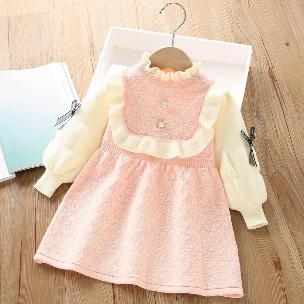 2-6 years old girls sweater dress 2024 autumn/winter new fashion cute girl baby bubble sleeve bow knitted jumper princess dress