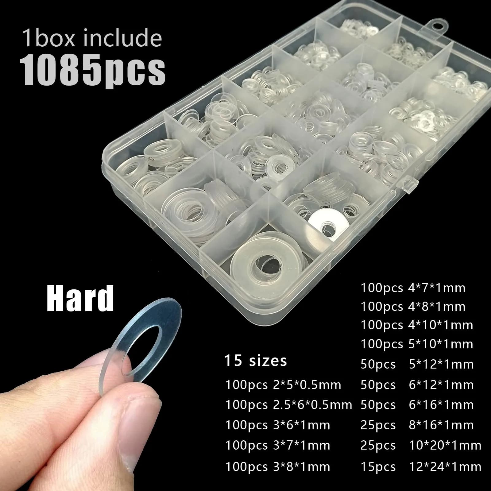 415/1085pc M2 M2.5 M3 M4 M5 M6 M8 M10 M12 Plastic PVC Transparent Clear Flat Washer Insulated Gasket Ring Assortment Kit Set Box
