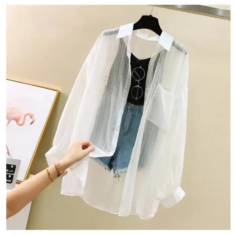 Summer Sunscreen Shirt Elegant Perspective Thin Chiffon Blouse Korean Harajuku See Through Loose Top Casual Women's Cardigan