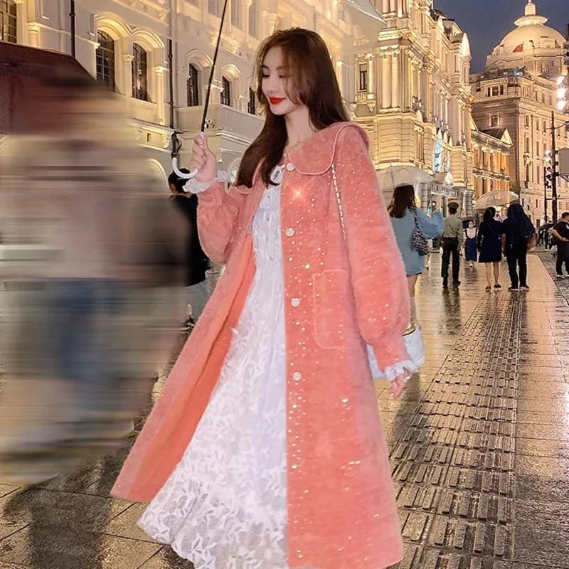 Korean Doll Neck Woolen Coat For Women's Mid length Over Knee Wool Windbreaker Lady Thick In Autumn Winter Overcoat Fashion