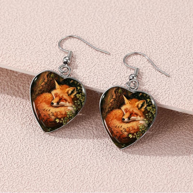 2024 New Sleeping Fox Dangle Earring Heart Shaped Earrings Handmade Glass Dome Jewelry