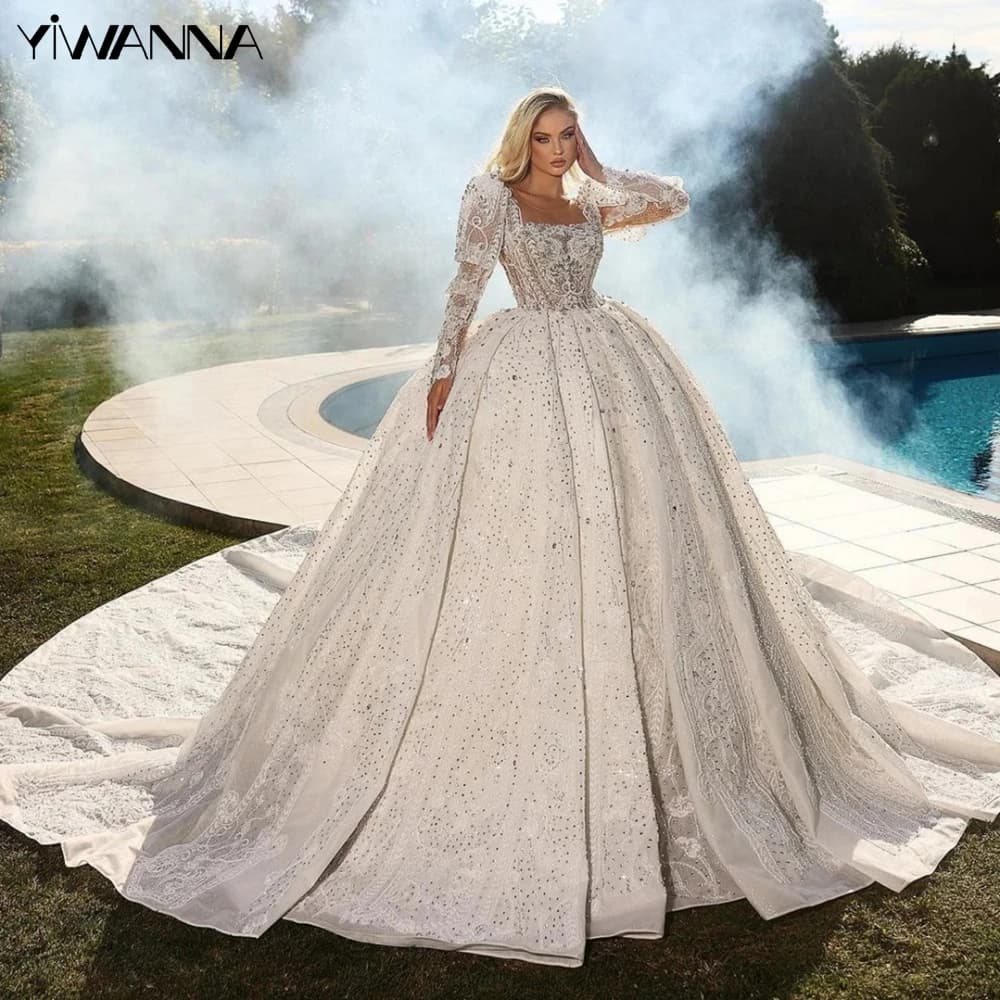 2025 Luxury Rhinestones Ball Gown Bride Robe Square Neck Bridal Dress Shiny Sequin Bead Wedding Gown Customized Vestido De Novia