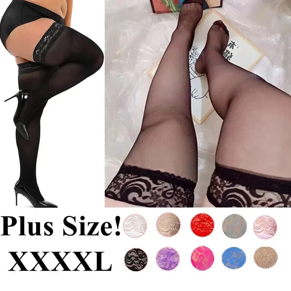 Lace Knee Thigh High Stockings Plus Size Lingerie Elastic Long Sock Sexy XXL Black Large Stocking Clothing for Women 4XL 5xl 6xl
