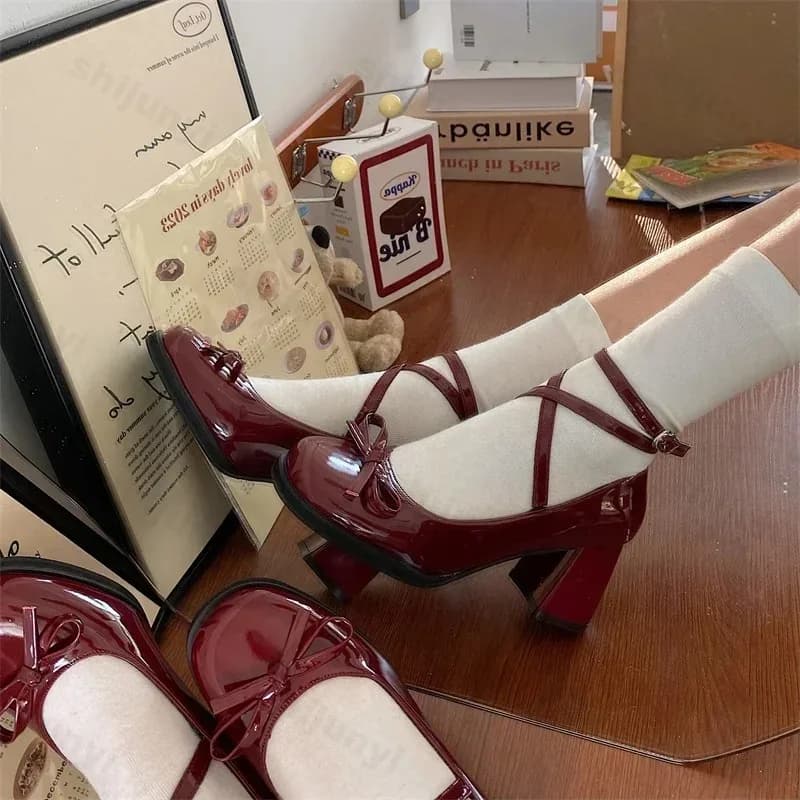 Red Mary Jane Women Pumps New Fashion Bowknot Thick High Heels Female Lolita Square Toe Party Leather Shoes for Woman Sandals
