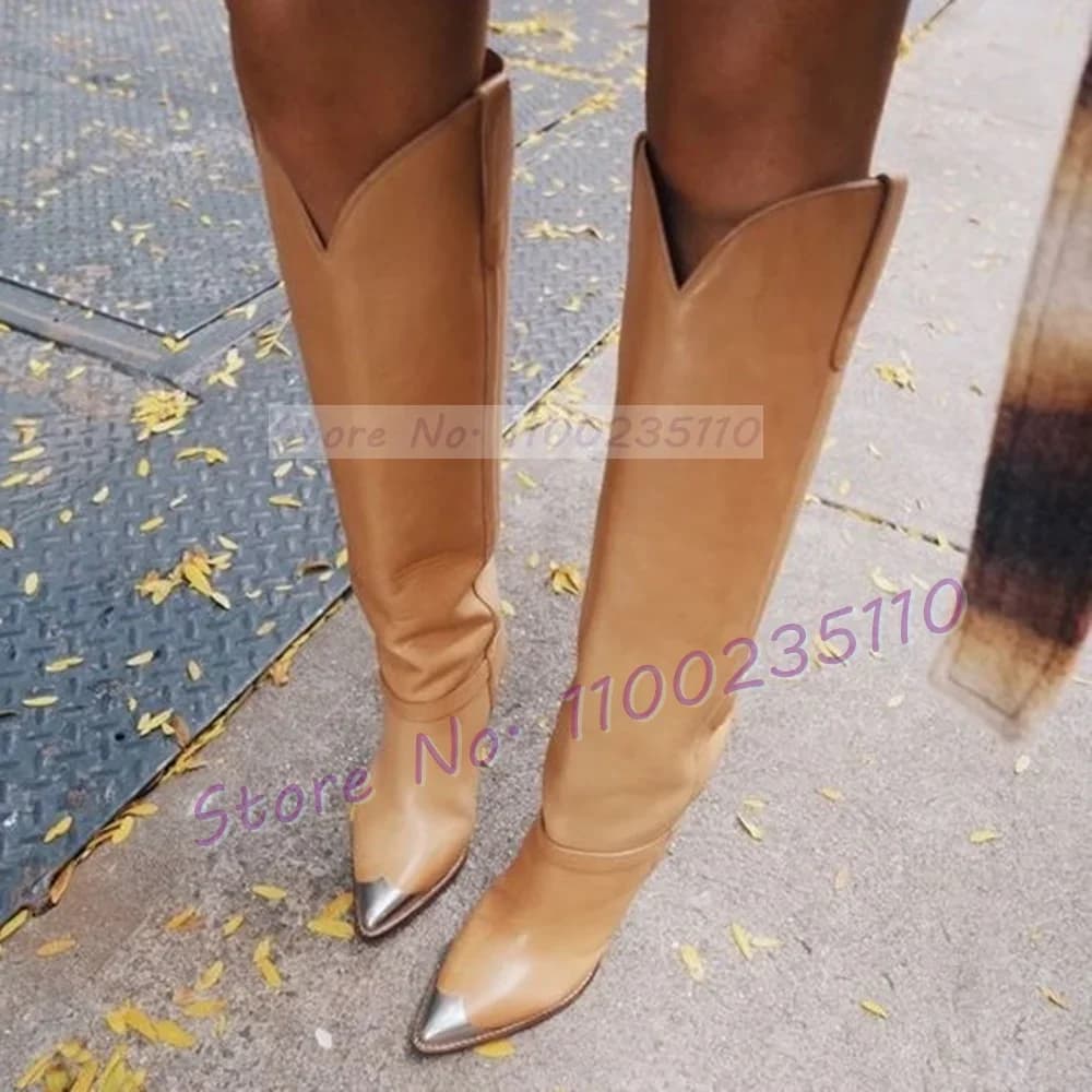 Silver Metal Toe Tan Knee-High Boots Women Fashion Pointed Toe Cone Heel Catwalk Shoes Ladies Stylish Cool Girls Slanted Boots