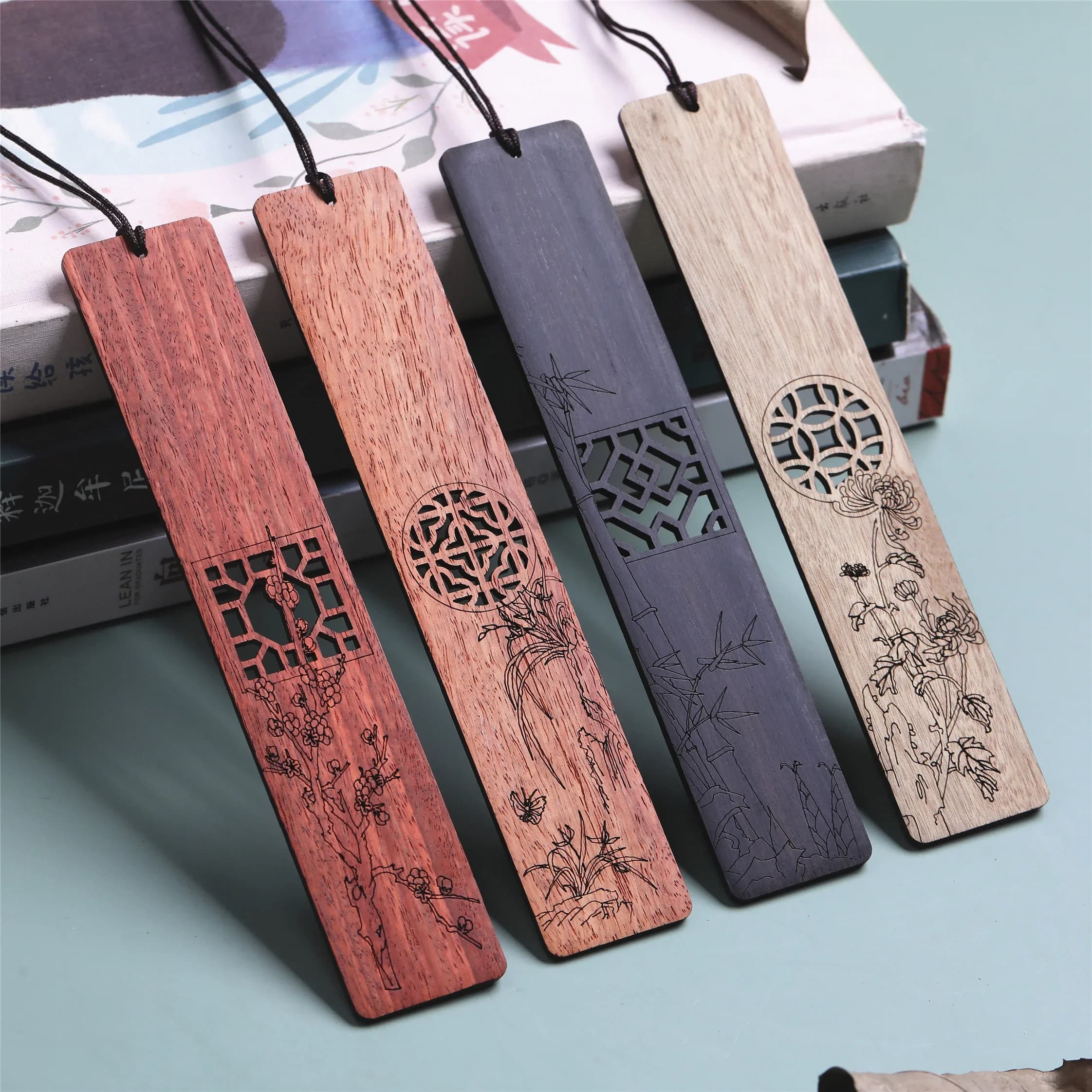 Wooden Mahogany Bookmark Hollow Window Bookmarks Blossom Plum Orchid Bamboo Chrysanthemum Lettering Carving