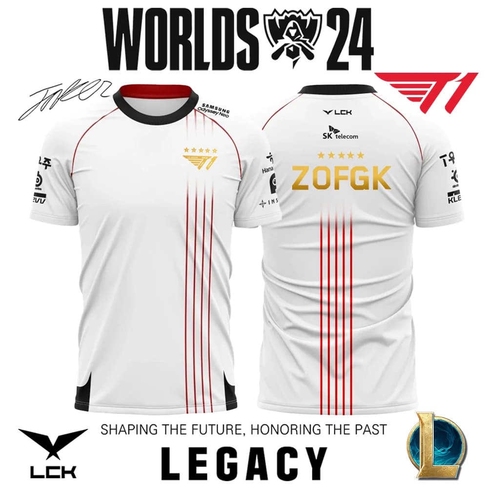 T1 E-sports Club Five-Star Champions Commemorative Jersey T-Shirts Five Crowns Faker Fans Support Tops League Of Legends T-Shirt