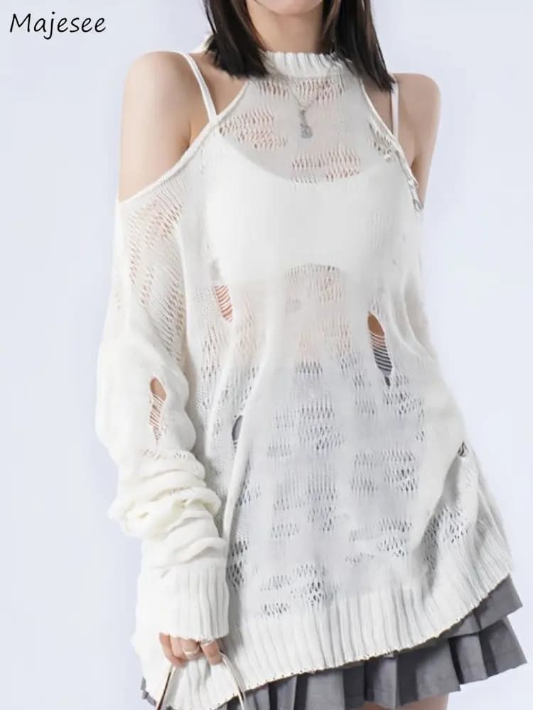 Pullovers Women Hole Streetwear Personality Sheer Hotsweet Female Casual Loose Spring Korean Style Off Shoulder Comfort Sweater