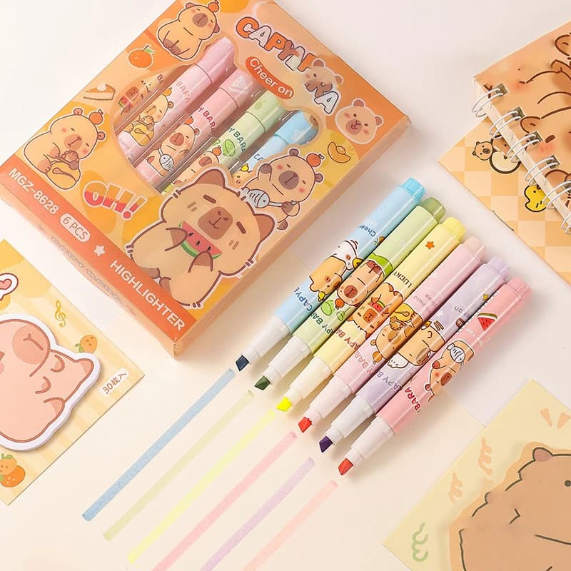 6Pcs Cute Cartoon Capybara Highlighter Pen Writing Smooth Quick-Drying Pens School Office Supplies Students Stationery Gifts