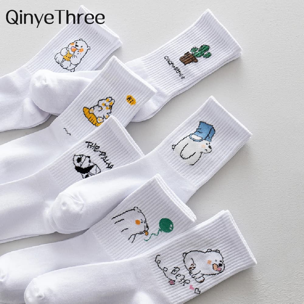 Ins New Autumn Cartoon Bear Panda Rabbit Cactus White Sports Women Soft Cotton Cute Winter Socks Kawaii Hipster Street Graffiti