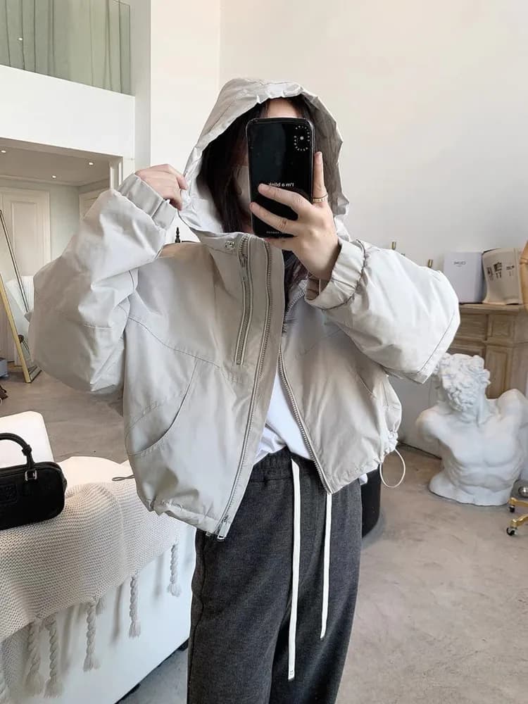 Korean style Hooded Jackets Women Vintage Crop Outwear High Street Spring Loose Zip-up Teens Jacket Sport coat