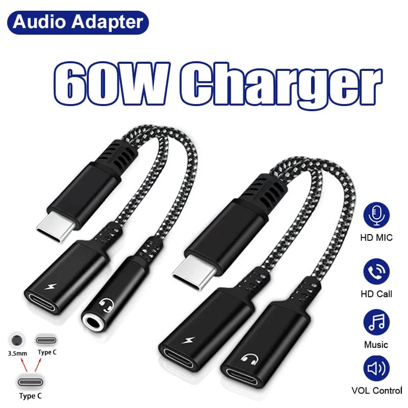 60W PD Fast Charger Cable 2 in 1 USB C Splitter Type C Headphones Jack Audio Adapter For Samsung S24 Xiaomi Huawei iPhone 15 16