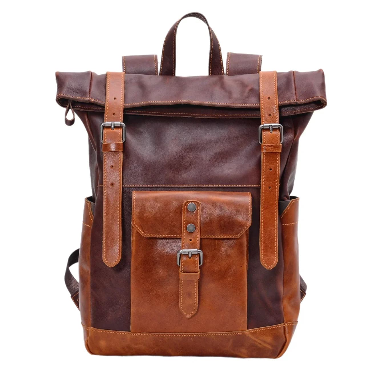 Vintage clashing color vegetable tanned leather backpack men's computer bag large capacity outdoor women's travel backpacks