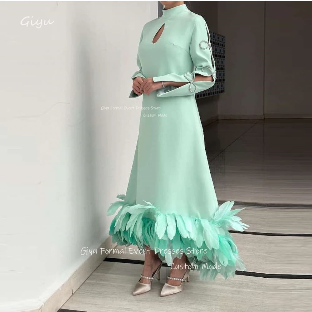 Giyu Vintage Green A Line Fomral Evening Dresses Saudi Arabic Women Long Sleeves High Neck Feathers Ankle Length Prom Gowns