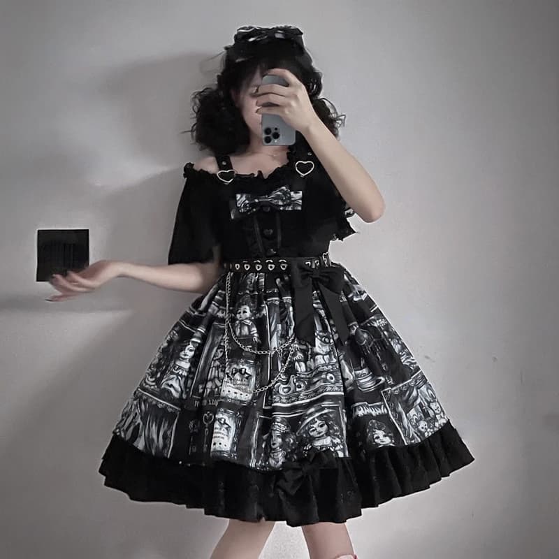 Victorian Vintage Lolita JsK Dress Women Dark Newspaper Doll Print Princess Strap Dresses Girl Cosplay Tea Party Gothic Vestidos