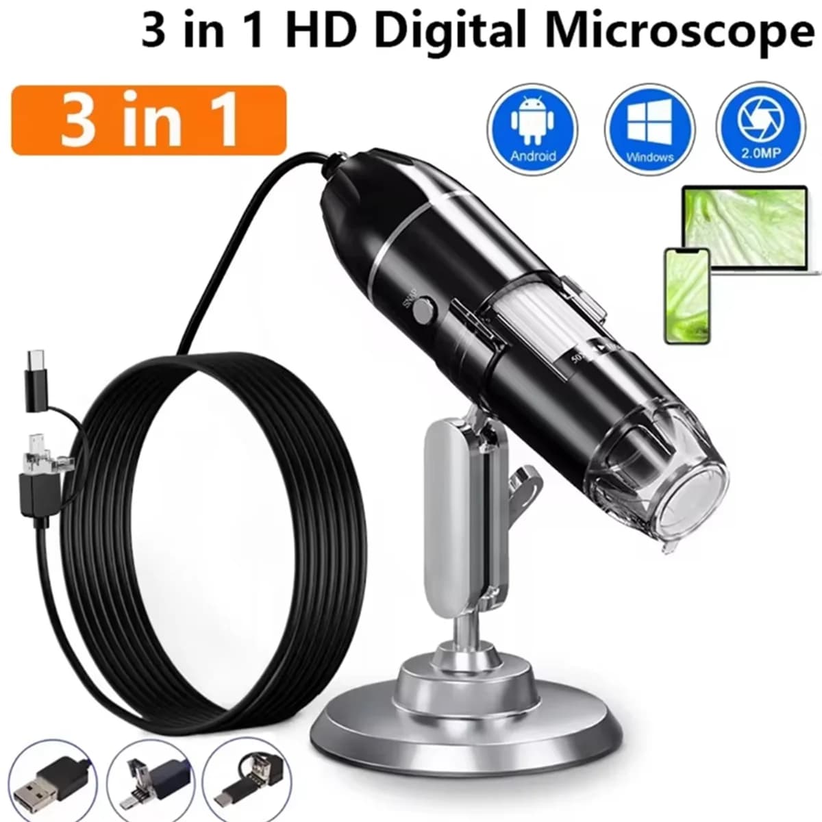 1600X 3in 1 Digital Microscope Camera Portable Electronic Scanner For Soldering LED Magnifier Type-C USB Charge Magnifier